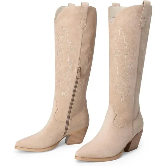 Women's Nude Western Cowgirl Boots Knee High Pointed Toe Chunky Block Heel - Picture 6 of 9